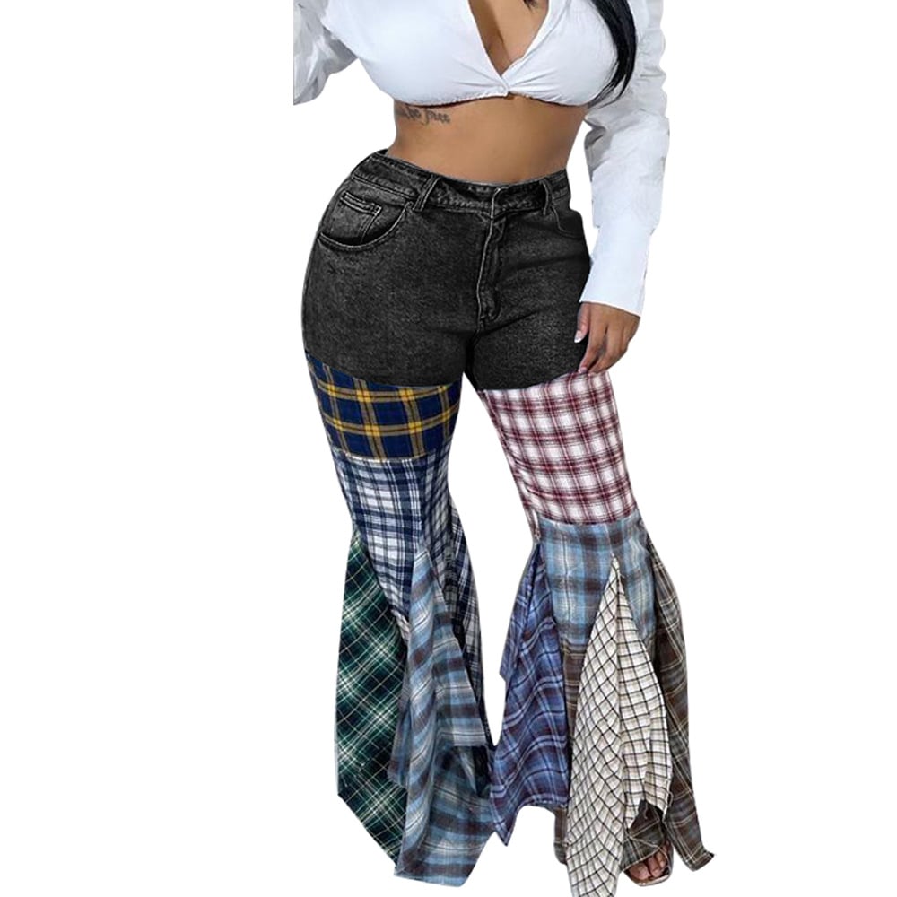 Houndstooth Flared Denim Ruffled Trousers for Women