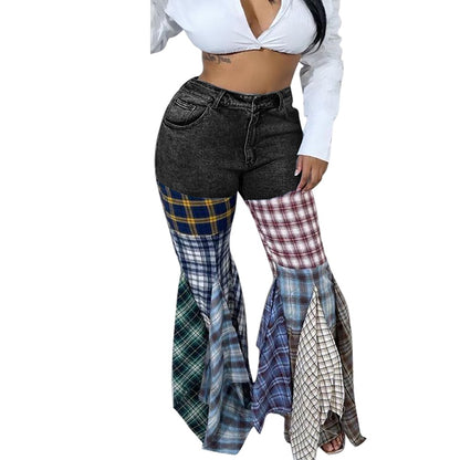 Houndstooth Flared Denim Ruffled Trousers for Women