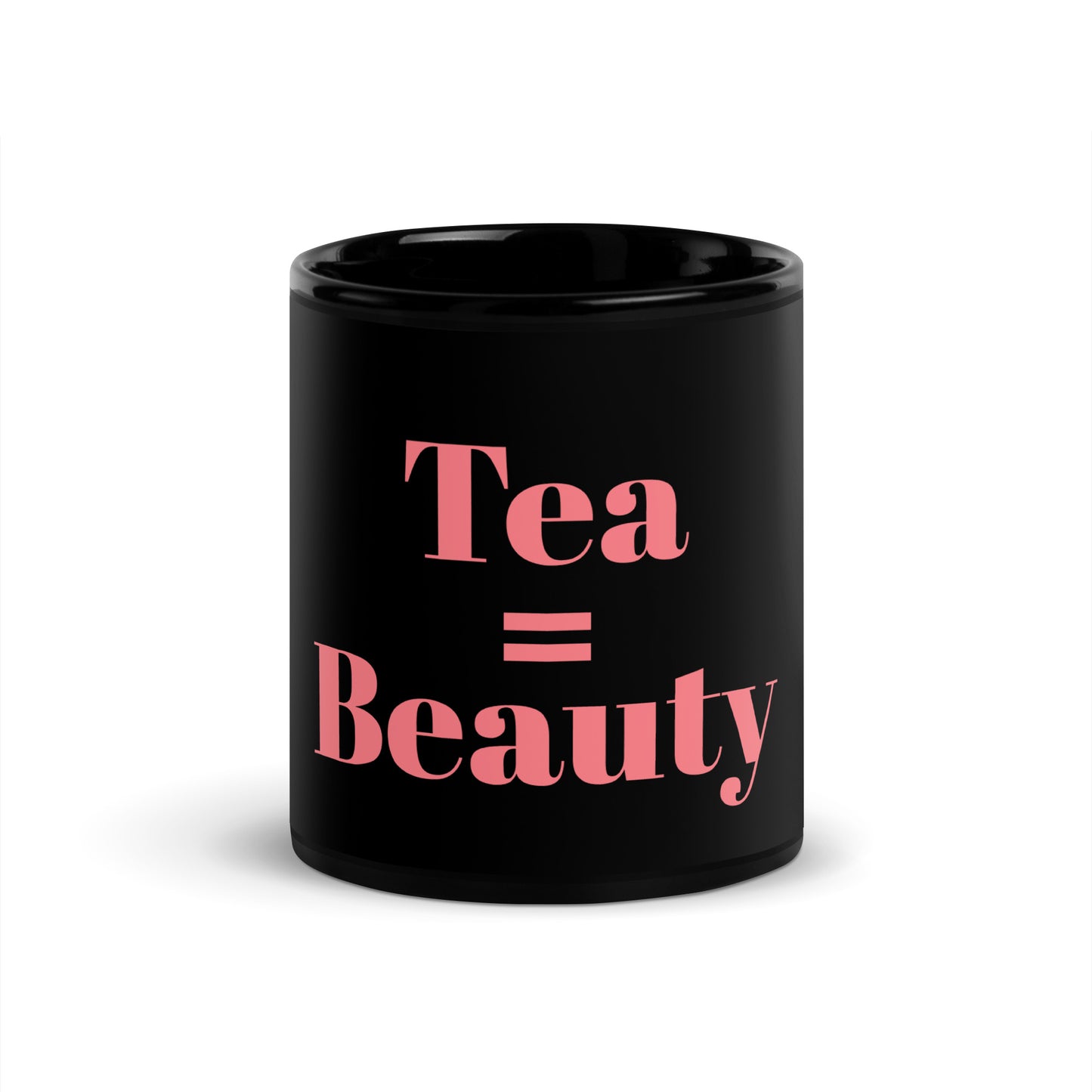 black ceramic coffee or tea mug with phrase tea equals beauty