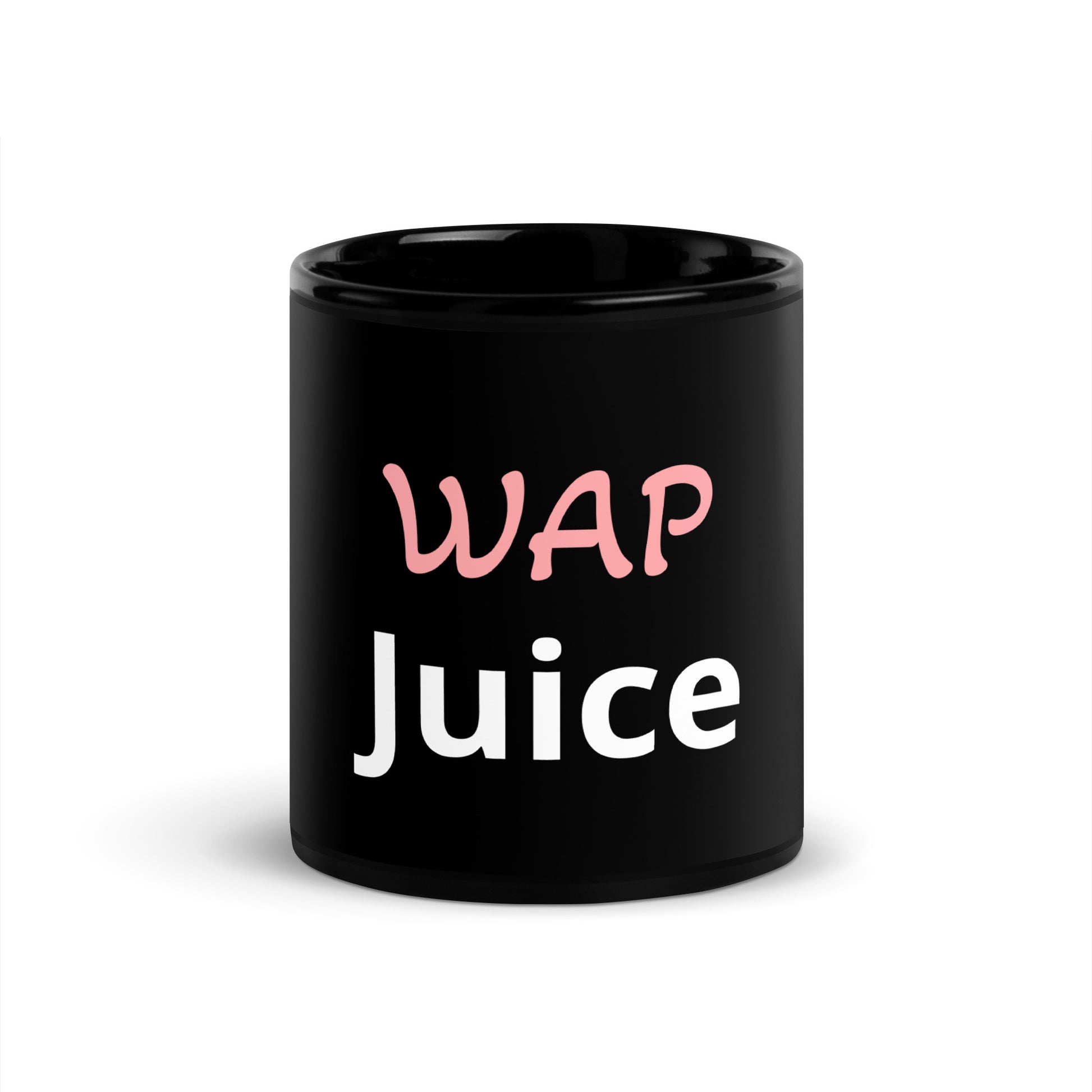 black ceramic coffee or tea mug with phrase wap juice