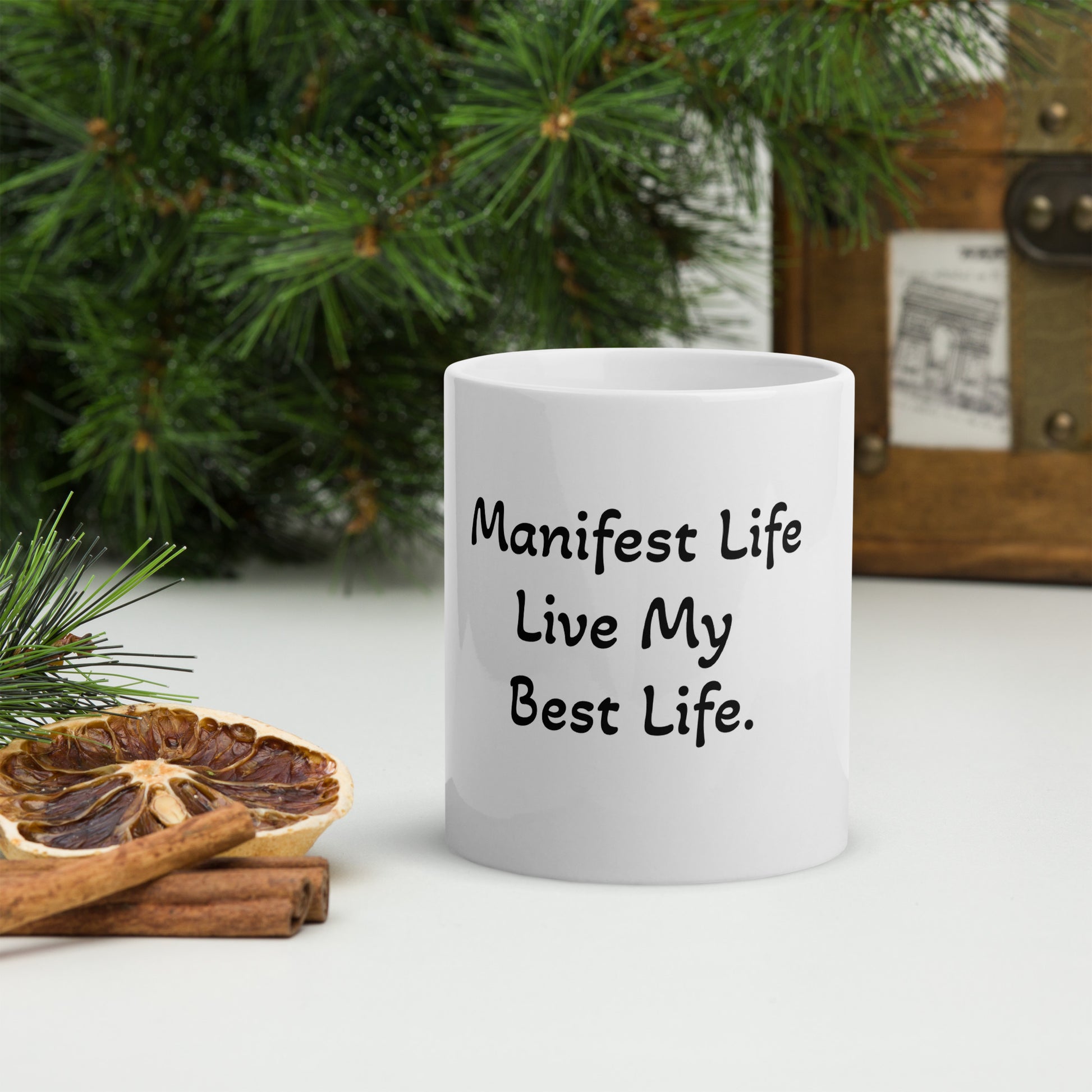 white ceramic phrases coffee and tea mug manifest life