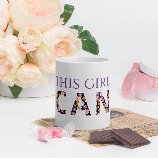 white ceramic coffee and tea mug with phrase this girl can